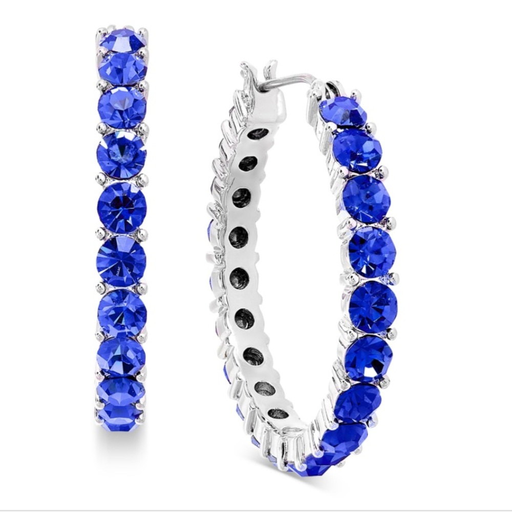 NWT On 34th Silver-Tone Crystal Hoop Earrings, Created for Macy's - Blue